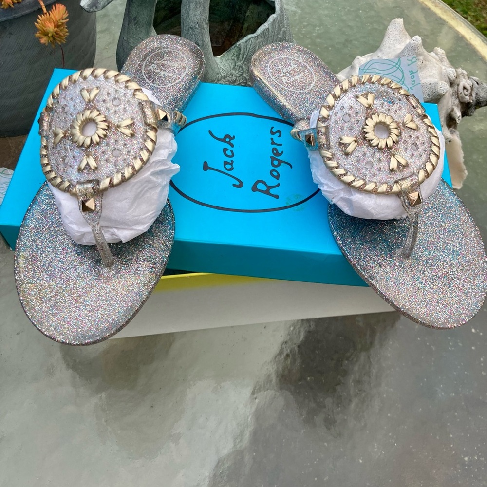 🆕 Jack Rogers Sparkle Georgica Glitter Jelly Sandals Gold Braided Medallion Lux